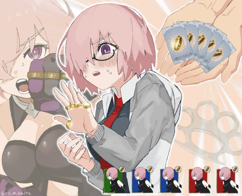 1girl, black_dress, blush, breasts, cleavage, command_code, dress, fate/grand_order, fate_(series), gameplay_mechanics, hair_over_one_eye, highres, jewelry, kaita_(mokamilkcup), large_breasts, light_purple_hair, looking_at_viewer, mash_kyrielight, multiple_rings, necktie, purple_eyes, ring, short_hair, solo