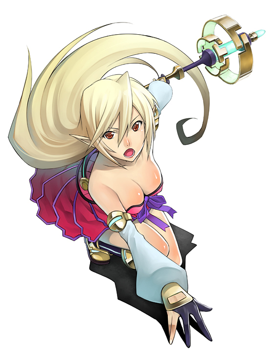 1girl, blonde_hair, breasts, cleavage, downblouse, elf, esper_(saga_2), female_focus