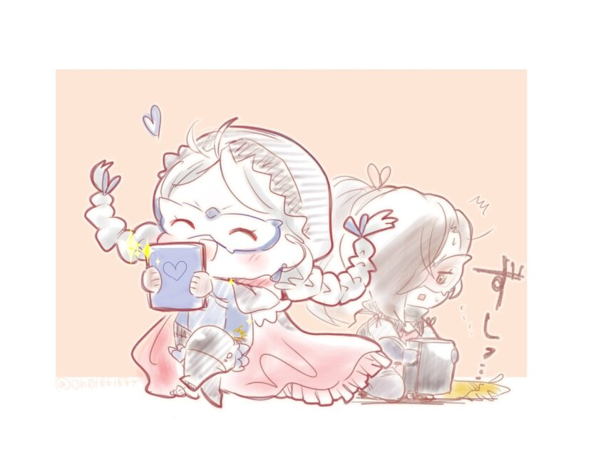 2girls, ahoge, book, boots, braid, cape, chibi, closed_eyes