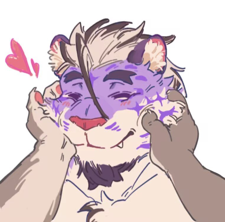 2boys, animal_ears, bara, blush, diamond_(shape), facial_hair, fang, fang_out