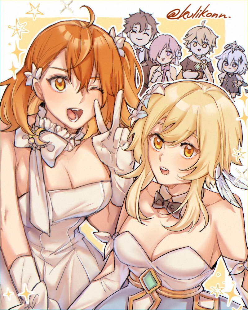 aether_(genshin_impact), ahoge, black_bow, black_bowtie, black_hair, black_necktie, blonde_hair, bow