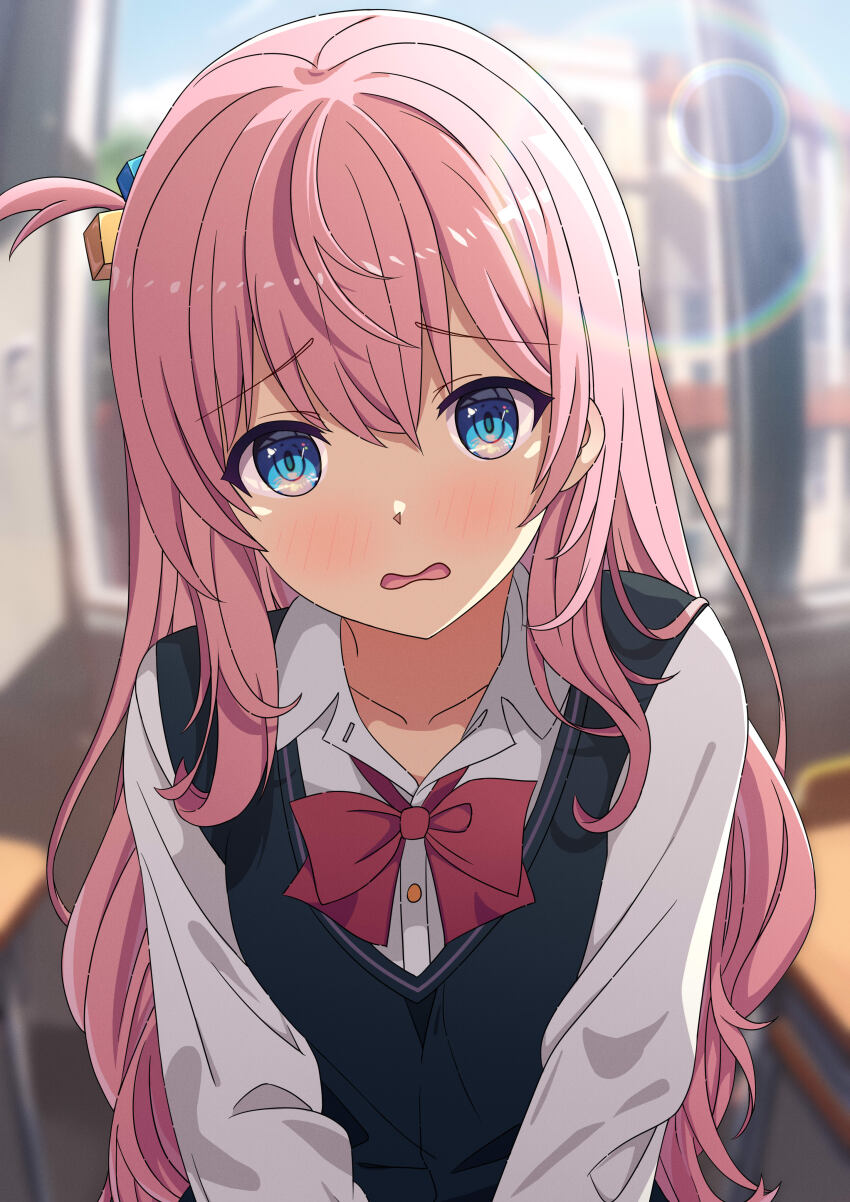 1girl, absurdres, backlighting, black_sweater_vest, blue_eyes, blurry, blurry_background, blush