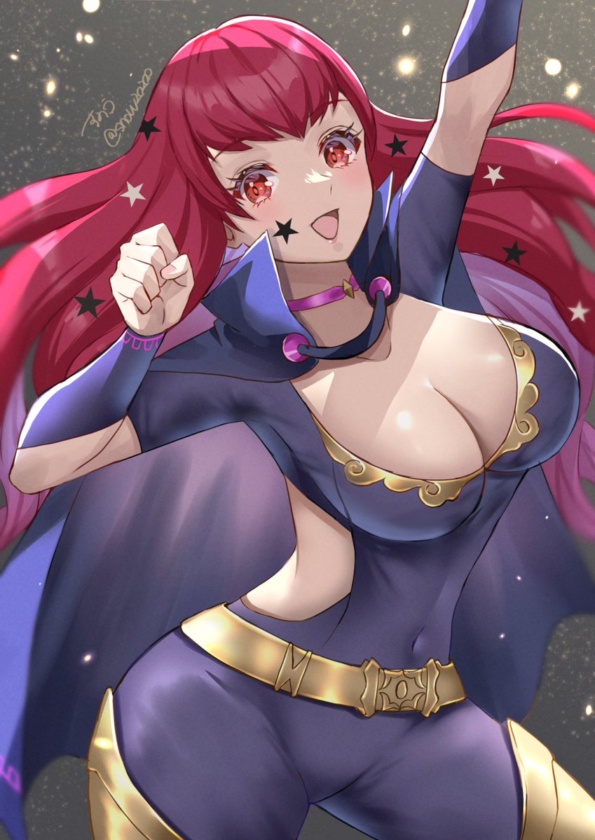 1girl, arm_up, belt, breasts, cleavage, covered_navel, cowboy_shot, facial_mark