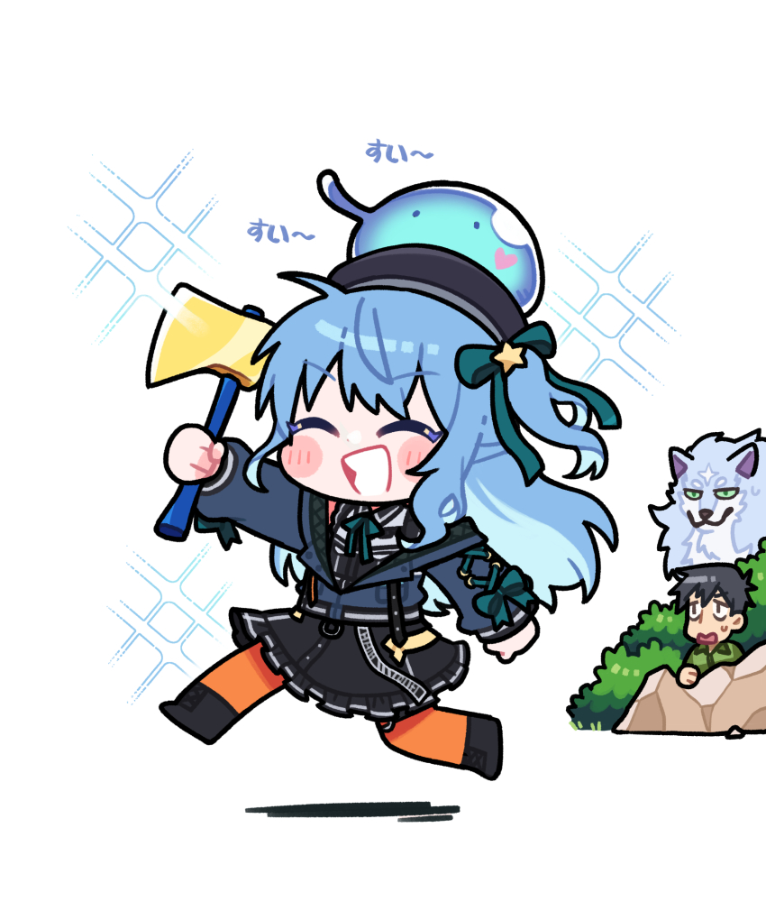 1boy, 1girl, absurdres, axe, beret, black_footwear, black_hair, black_headwear