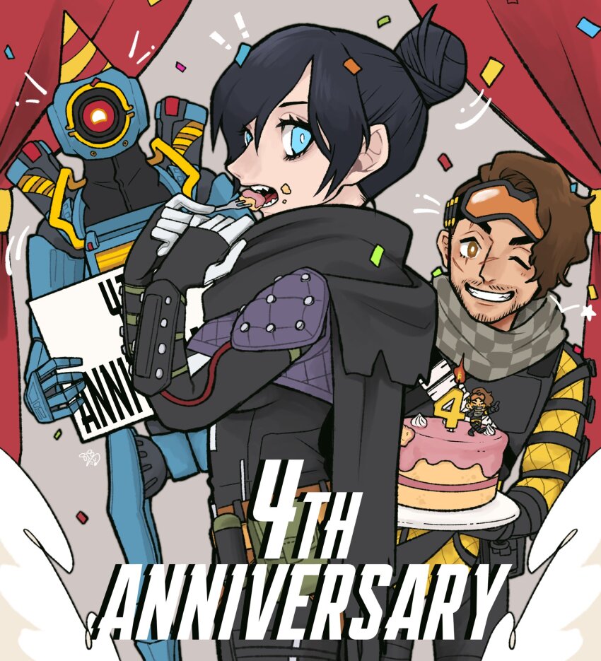 1girl, 2boys, animification, anniversary, apex_legends, black_bodysuit, black_hair, black_scarf