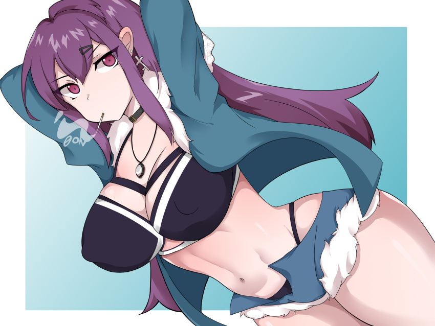 1girl, abs, bare_shoulders, blue_background, blue_coat, breasts, chikiboneya, cleavage, coat, cross, gradient_background, hair_ornament, hairclip, highres, jewelry, katie_(waifu_fighter), large_breasts, long_hair, looking_at_viewer, necklace, purple_eyes, purple_hair, shorts, smoking, thighs, waifu_fighter