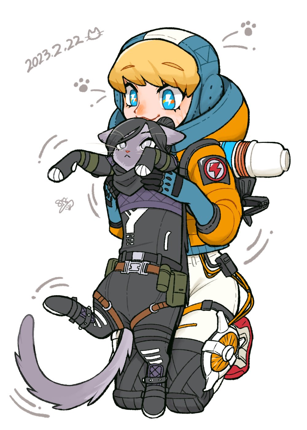 1girl, :<, animal, animalization, animification, apex_legends, artist_name, black_bodysuit, black_hair, black_scarf, blonde_hair, blue_headwear, bodysuit, cable, cat, clothed_animal, dated, facial_scar, hair_bun, highres, holding, holding_animal, holding_cat, hood, hood_down, hooded_jacket, jacket, kneeling, lightning_bolt_symbol, looking_up, ookamiya818, orange_jacket, paw_print, purple_eyes, scar, scar_on_cheek, scar_on_face, scarf, single_hair_bun, smile, solo_focus, symbol-shaped_pupils, tail, wattson_(apex_legends), white_bodysuit, wraith_(apex_legends)