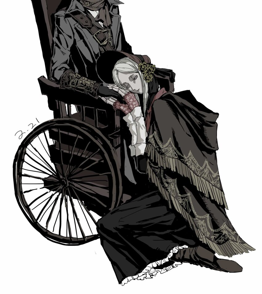 1boy, 1girl, black_gloves, black_jacket, black_skirt, bloodborne, brown_footwear, brown_scarf, dated, doll_joints, frilled_skirt, frills, gloves, grey_background, grey_hair, head_out_of_frame, highres, hunter_(bloodborne), jacket, joints, long_sleeves, parted_bangs, plain_doll, red_headwear, scarf, shoes, short_hair, simple_background, sitting, skirt, soldalepaz11, wheelchair
