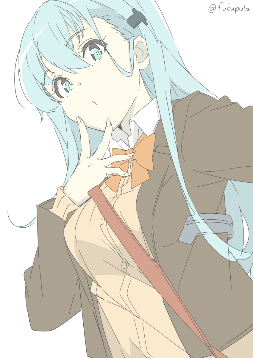 1girl, aqua_eyes, aqua_hair, blazer, bow, bowtie, brown_jacket, fubupula