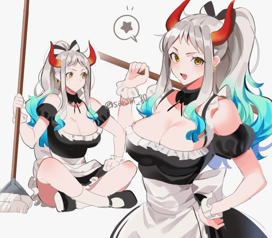 1girl, apron, aqua_hair, bare_shoulders, black_footwear, breasts, cleavage, curled_horns