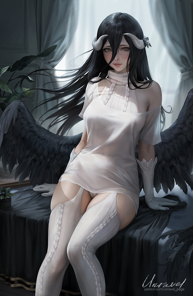 1girl, albedo_(overlord), aran_legwear, aran_sweater, artist_name, backlighting, bare_shoulders, black_hair, black_wings, blanket, breasts, brown_eyes, cable_knit, closed_mouth, curtains, elbow_gloves, feathered_wings, feet_out_of_frame, garter_straps, gloves, hair_between_eyes, horns, indoors, large_breasts, lips, long_hair, looking_at_viewer, low_wings, no_pants, off_shoulder, on_bed, overlord_(maruyama), panties, pantyshot, plant, potted_plant, shirt, short_sleeves, sitting, solo, sweater, sweater_under_shirt, thighhighs, turtleneck, turtleneck_sweater, underwear, unravel_page, very_long_hair, virgin_destroyer_sweater, white_gloves, white_panties, white_shirt, white_sweater, white_thighhighs, wings