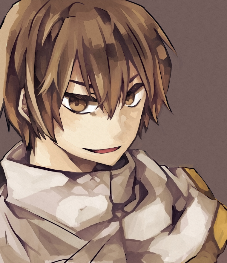 1boy, brown_background, brown_eyes, brown_hair, capelet, commentary_request, eyebrows_hidden_by_hair, hair_between_eyes