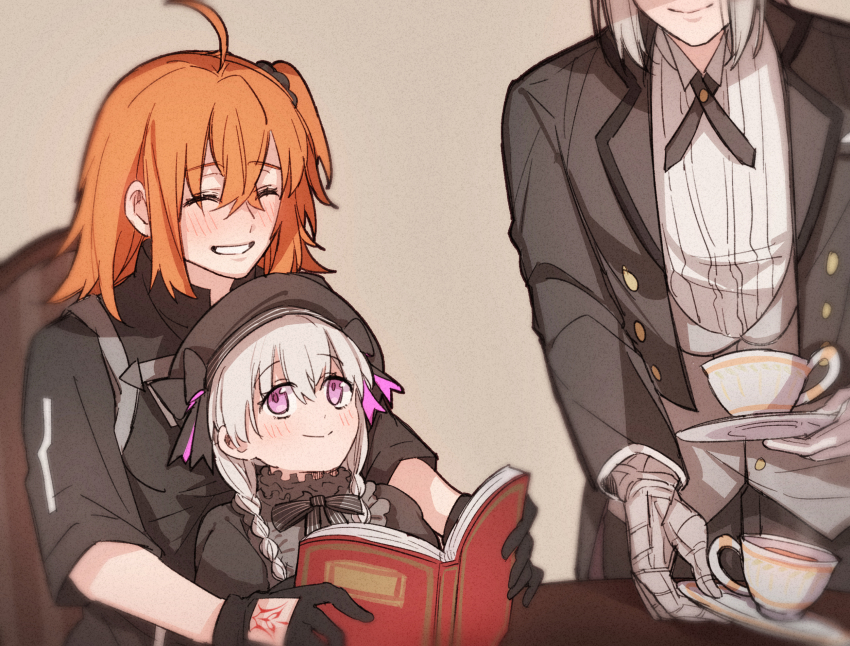 1boy, 2girls, ahoge, bedivere_(fate), bedivere_(silver_butler)_(fate), beret, black_gloves, blurry, book, braid, closed_eyes, command_spell, commentary, cup, fate/grand_order, fate_(series), fujimaru_ritsuka_(female), fujimaru_ritsuka_(female)_(polar_chaldea_uniform), gloves, grey_hair, happy, hat, highres, holding, holding_book, holding_plate, kulissara-aung, low_twin_braids, multiple_girls, nursery_rhyme_(fate), one_side_up, orange_hair, pink_eyes, plate, prosthesis, prosthetic_arm, saucer, smile, teacup, twin_braids
