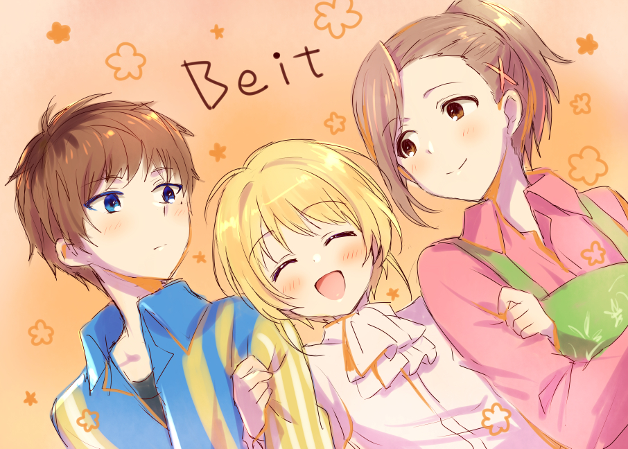 3boys, beit_(idolmaster), blonde_hair, blue_eyes, blush, brown_eyes, brown_hair, closed_eyes