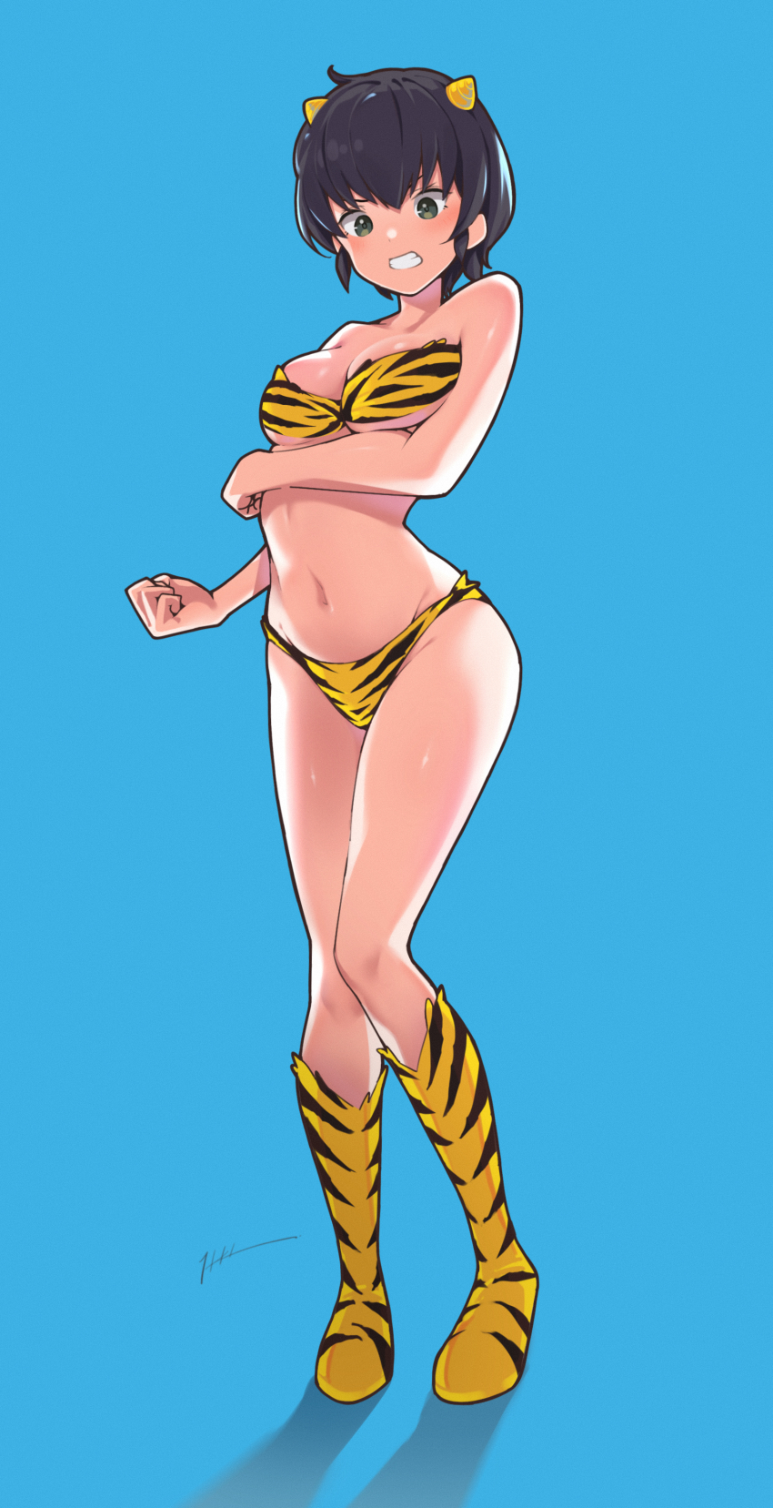 1girl, absurdres, alternate_costume, animal_print, bikini, black_hair, boots, breasts, cleavage, cone_horns, cosplay, fujinami_ryuunosuke, green_eyes, highres, horns, itou_kazuki, knees_together_feet_apart, lum, lum_(cosplay), medium_breasts, navel, oni, oni_costume, print_boots, short_hair, solo, strapless, strapless_bikini, swimsuit, tiger_print, urusei_yatsura, yellow_bikini, yellow_boots