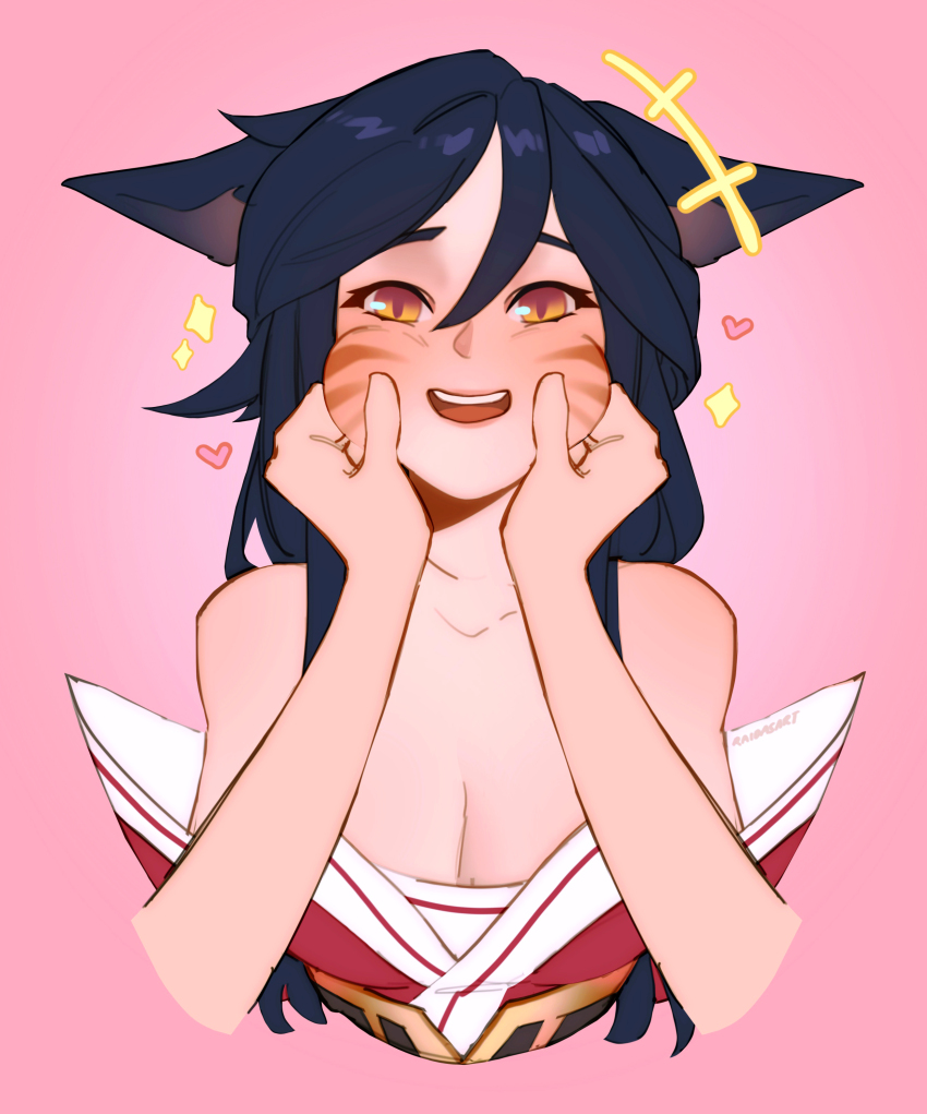 1girl, absurdres, ahri_(league_of_legends), animal_ears, bare_shoulders, black_hair, breasts, cheek_pinching, cheek_pull, cleavage, collarbone, facial_mark, fox_ears, fox_girl, hand_on_another's_cheek, hand_on_another's_face, happy, highres, kitsune, kyuubi, league_of_legends, long_hair, looking_at_viewer, medium_breasts, non-web_source, open_mouth, pinching, raida_(raidasart), simple_background, smile, whisker_markings, yellow_eyes