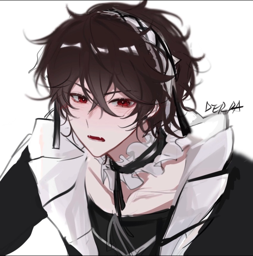 1boy, bishounen, crossdressing, crossdressing_(mtf), dress, frilled_dress, frills, frisssb, highres, i_became_a_god_in_a_horror_game, ice-cream97852, maid, male_focus, male_maid, mu_sicheng, red_eyes, short_hair, solo, white_background