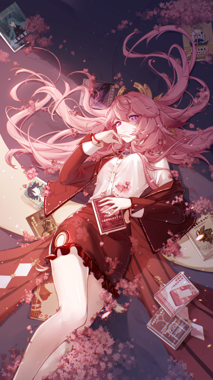 1girl, 7hertz, absurdres, book, buttons, cherry_blossoms, chinese_commentary, closed_mouth, commentary_request, feet_out_of_frame, floral_print, flower, frilled_skirt, frills, genshin_impact, geovishap_hatchling_(genshin_impact), hair_between_eyes, hair_ornament, hair_spread_out, hand_on_own_chin, hand_up, highres, holding, holding_book, jacket, layered_sleeves, long_hair, looking_at_viewer, open_clothes, open_jacket, paimon_(genshin_impact), pink_eyes, pink_flower, pink_hair, red_jacket, red_skirt, shirt, skirt, translation_request, venti_(genshin_impact), very_long_hair, white_shirt, yae_miko, zhongli_(genshin_impact)