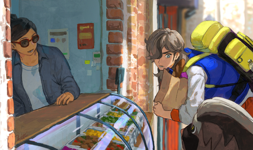 1boy, 1girl, arven_(pokemon), backpack, bag, black_hair, blue_vest, bread, bright_pupils, brown_hair, commentary_request, food, from_side, glass, green_eyes, hair_over_one_eye, holding, holding_bag, leaning_forward, long_hair, looking_down, lower_teeth_only, mabosstiff, nintendo, open_mouth, paper_bag, pokemon, pokemon_(creature), pokemon_scarlet_and_violet, shirt, sunglasses, teeth, three-quarter_sleeves, undershirt, vest, white_pupils, yellow_bag, zukki_(suzukio)