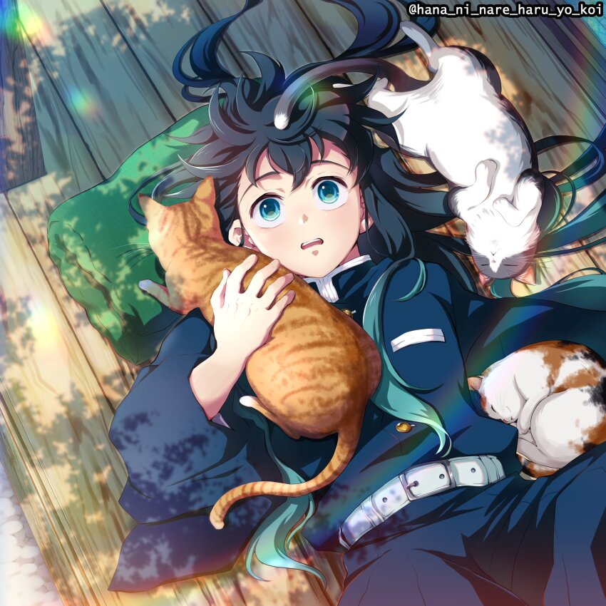 1boy, aqua_eyes, aqua_hair, belt, black_hair, black_pants, blue_hair, calico_(pattern)
