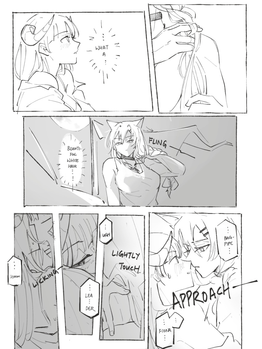 animal_ears, arknights, arm_up, bagpipe_(arknights), bare_shoulders, blush, braid, braiding_hair