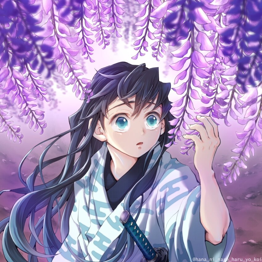 1boy, aged_down, aqua_eyes, aqua_hair, black_hair, colored_tips, egasumi, flower