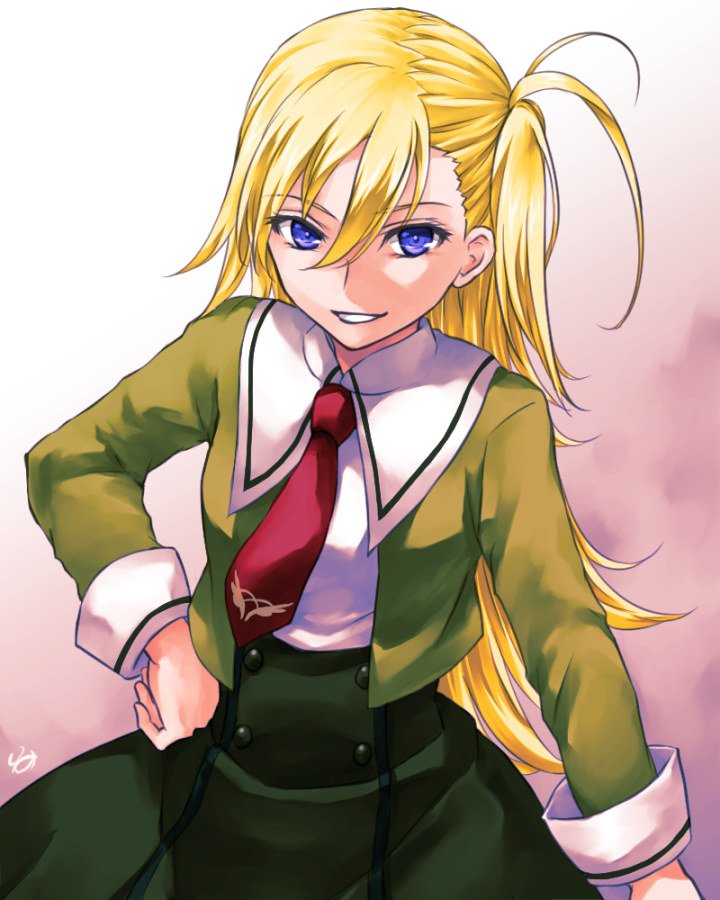 1girl, blonde_hair, blue_eyes, commentary_request, green_jacket, green_skirt, hand_on_own_hip, jacket