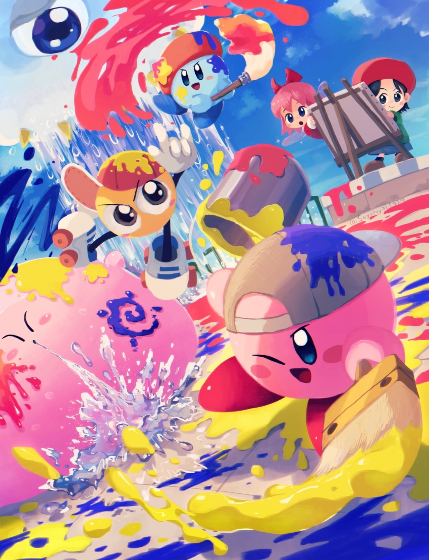 2girls, :o, ;d, \n/, adeleine, art_brush, artist_kirby, artist_name