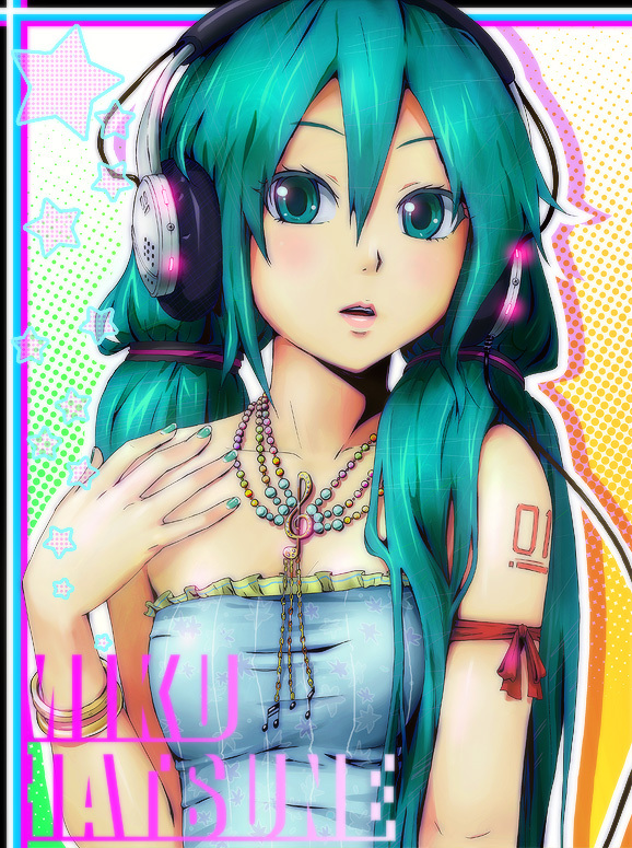 1girl, aqua_eyes, aqua_hair, bad_id, bad_pixiv_id, bracelet, female_focus, halftone