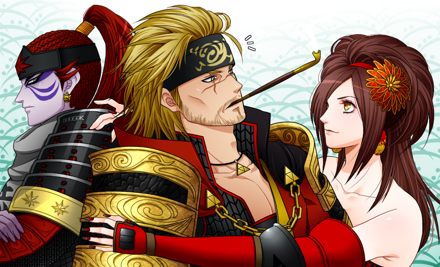 1girl, 2boys, armor, bare_shoulders, beard, blue_eyes, brown_hair, colored_skin