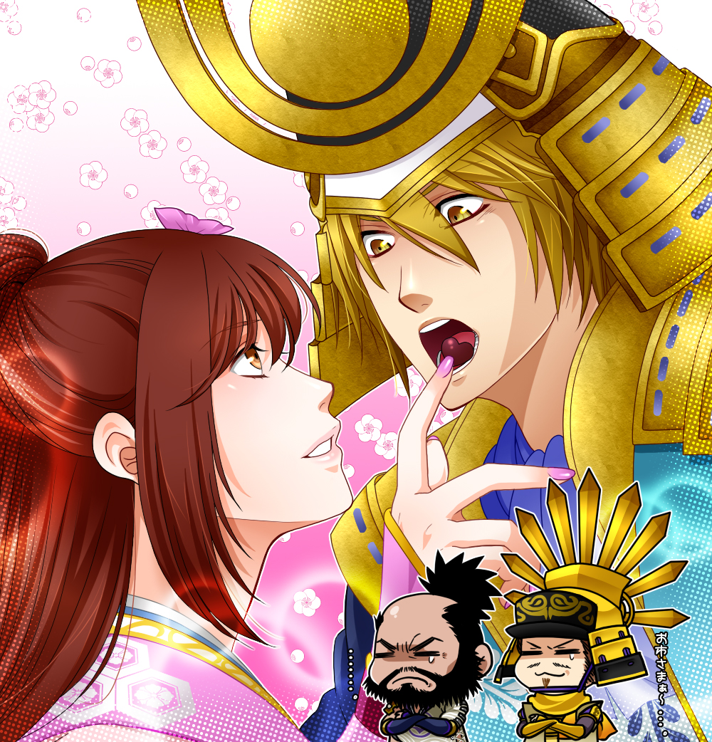 azai_nagamasa_(sengoku_musou), bald, beard, black_hair, blonde_hair, brown_eyes, brown_hair, chibi