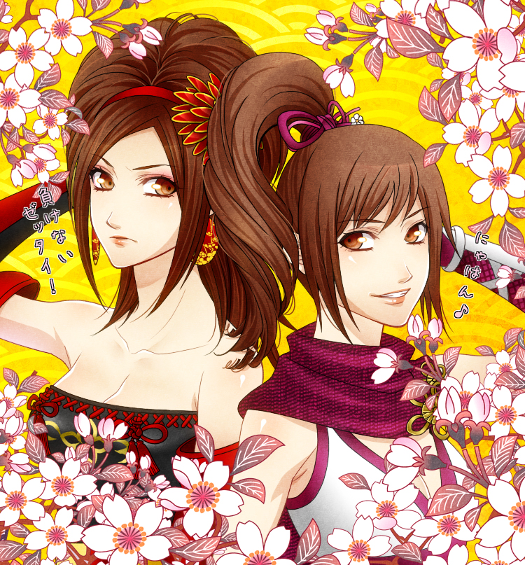 2girls, adjusting_hair, bare_shoulders, brown_eyes, brown_hair, detached_sleeves, earrings, female_focus