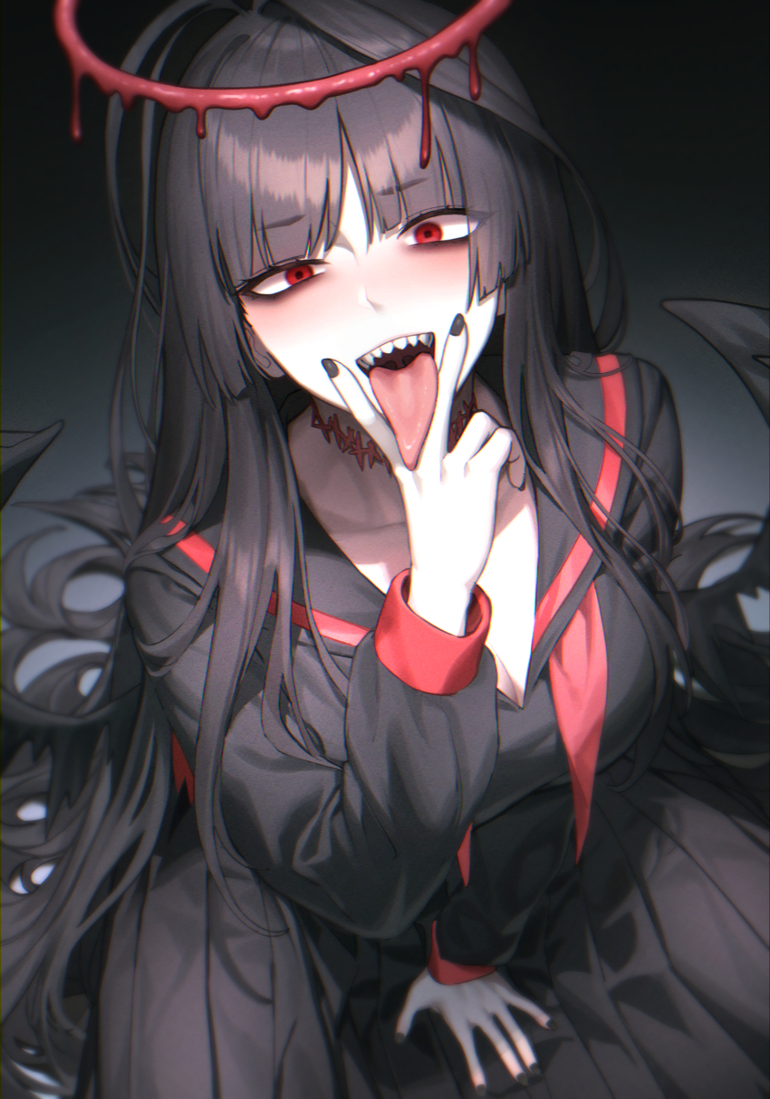 1girl, absurdres, antenna_hair, bags_under_eyes, between_legs, black_hair, black_nails, black_shirt