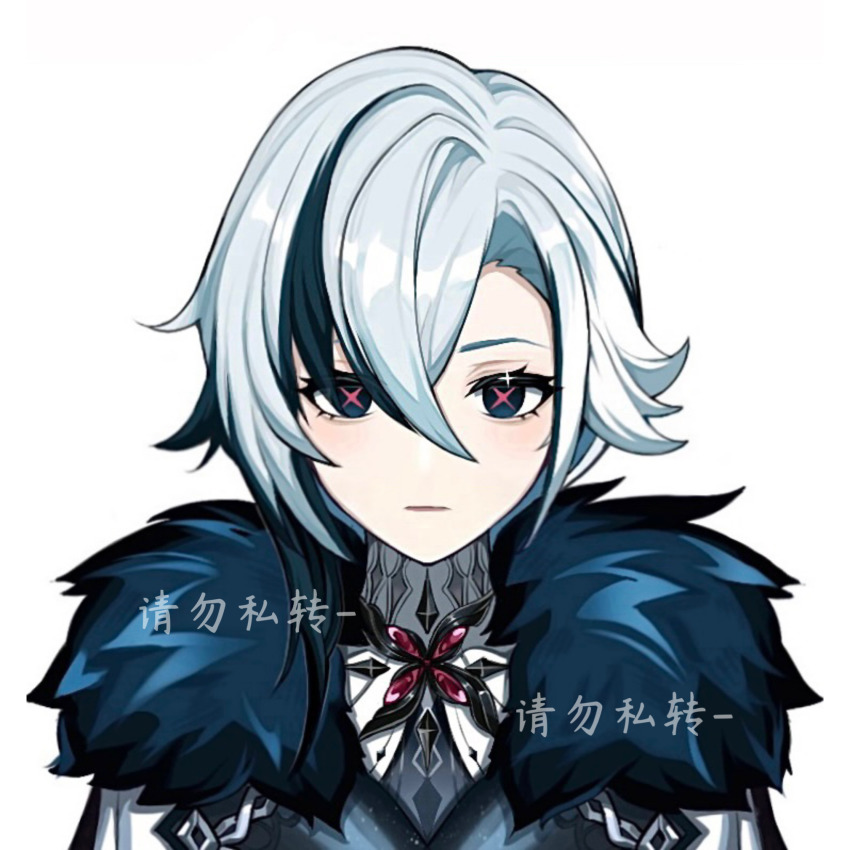 1girl, arlecchino_(genshin_impact), black_hair, blue_eyes, chinese_commentary, chishahaone_(吃啥好呢), coat, commentary_request, fatui_coat, fur-trimmed_coat, fur_trim, genshin_impact, highres, looking_at_viewer, multicolored_hair, red_pupils, short_hair, solo, streaked_hair, symbol-shaped_pupils, two-tone_hair, white_coat, white_hair, x-shaped_pupils