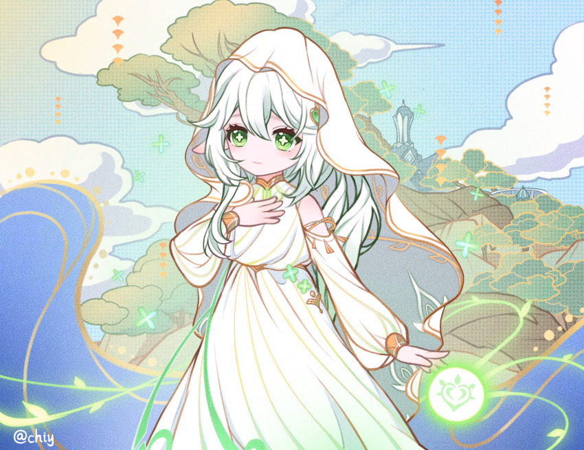 1girl, chinese_commentary, chishahaone_(吃啥好呢), commentary_request, cross-shaped_pupils, detached_sleeves, dress, genshin_impact