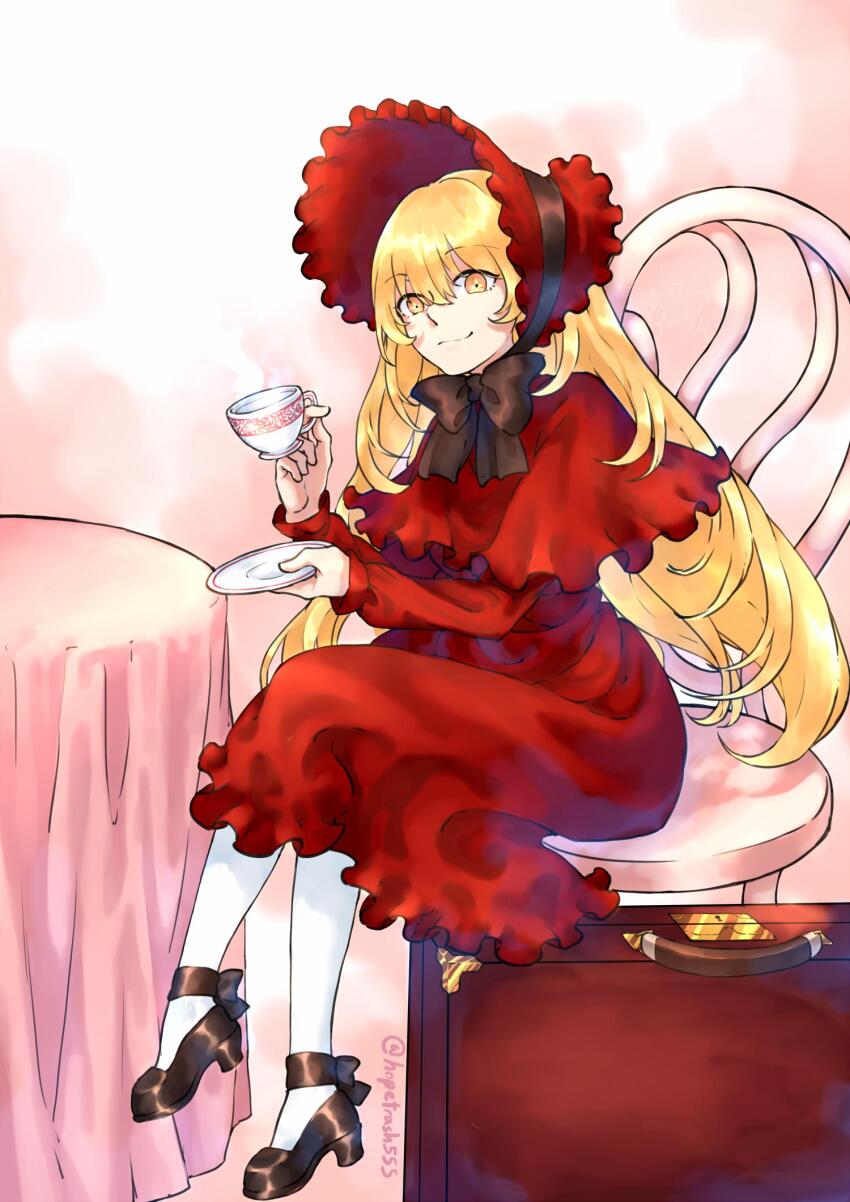 +_+, 1girl, black_bow, black_shoes, blonde_hair, bonnet, bow, briefcase