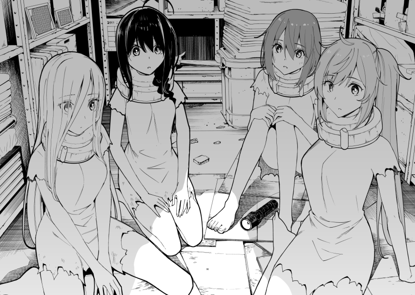 4girls, ahoge, alternate_hairstyle, braid, close-up, collar, comic, commentary, flashlight, greyscale, highres, kantai_collection, long_hair, masukuza_j, medium_hair, monochrome, multiple_girls, murasame_(kancolle), prisoner, shigure_(kancolle), shiratsuyu_(kancolle), slave, torn_clothes, twintails, two-page_spread, yuudachi_(kancolle)