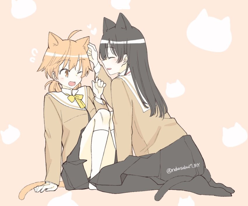 2girls, ahoge, animal_ears, black_hair, blush, cat, cat_day, cat_ears