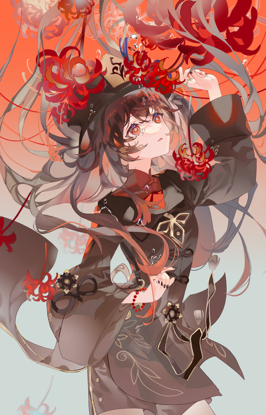 1girl, absurdres, air_bubble, arm_up, bead_bracelet, beads, black_nails, bracelet