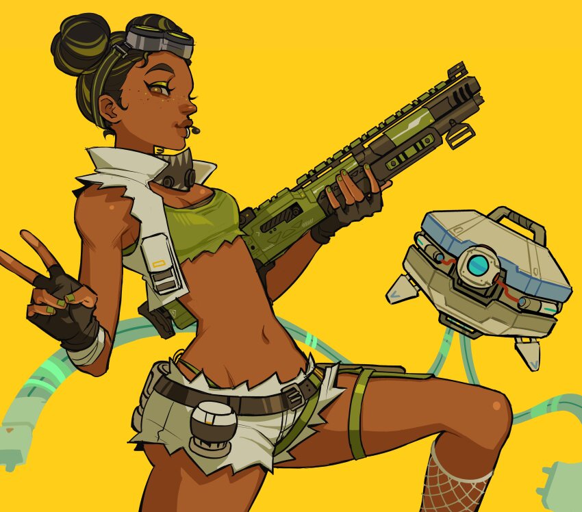 1girl, absurdres, animification, apex_legends, ass, black_gloves, black_hair, breasts, brown_eyes, cable, cosplay, cropped_shirt, d.o.c._health_drone, dark-skinned_female, dark_skin, earpiece, energy_gun, eyeshadow, fingerless_gloves, fishnet_socks, fishnets, freckles, from_side, gloves, green_eyeshadow, green_hair, green_panties, green_tank_top, grey_shirt, grey_shorts, grey_socks, gun, highres, holding, holding_gun, holding_weapon, jui_(dirtybigrat), lifeline_(apex_legends), m1904_mastiff, makeup, mask, mask_around_neck, micro_shorts, multicolored_hair, navel, non-humanoid_robot, octane_(apex_legends), octane_(apex_legends)_(cosplay), panties, robot, science_fiction, shirt, shorts, shotgun, small_breasts, smile, socks, solo_focus, streaked_hair, tank_top, thigh_strap, torn_clothes, torn_tank_top, underwear, v, weapon, yellow_background