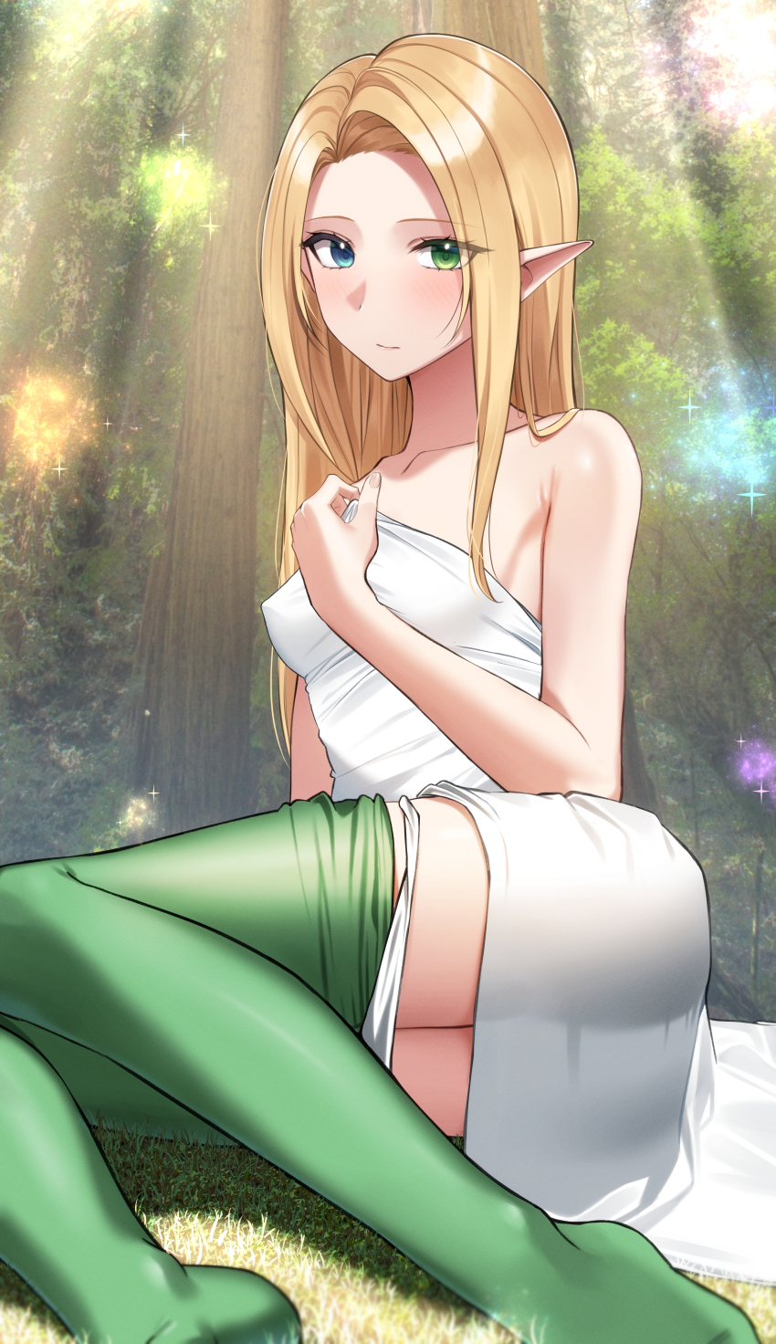1girl, absurdres, bare_shoulders, blonde_hair, blue_eyes, blush, breasts, closed_mouth