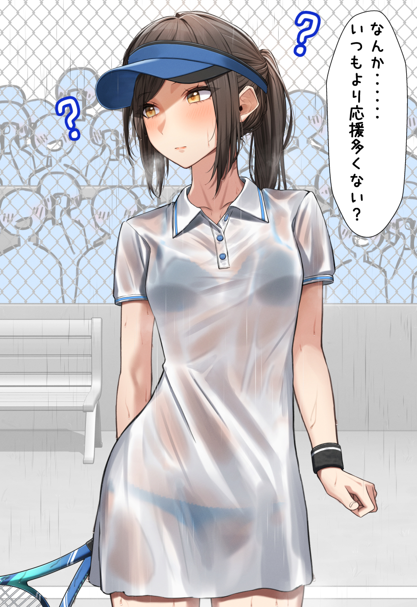 1girl, ?, absurdres, bench, blue_bra, blue_headwear, blue_panties, blush, bra, bra_visible_through_clothes, breasts, breath, brown_hair, chain-link_fence, closed_mouth, collared_shirt, commentary, contrapposto, cowboy_shot, crowd, fence, highres, holding, holding_tennis_racket, kuro_imu, medium_breasts, medium_hair, orange_eyes, original, paid_reward_available, panties, ponytail, racket, rain, see-through_clothes, shirt, short_sleeves, solo_focus, speech_bubble, sportswear, standing, sweatband, tennis_racket, tennis_uniform, translated, underwear, visor_cap, wet, wet_clothes, wet_shirt, white_shirt, wing_collar