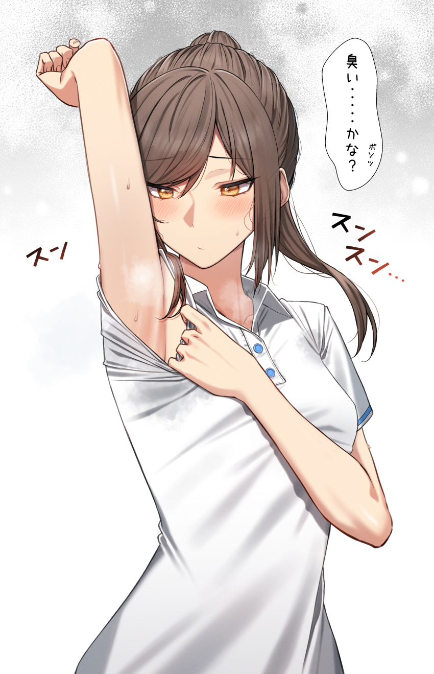 1girl, absurdres, arm_up, armpit_focus, armpits, blush, breasts, brown_hair