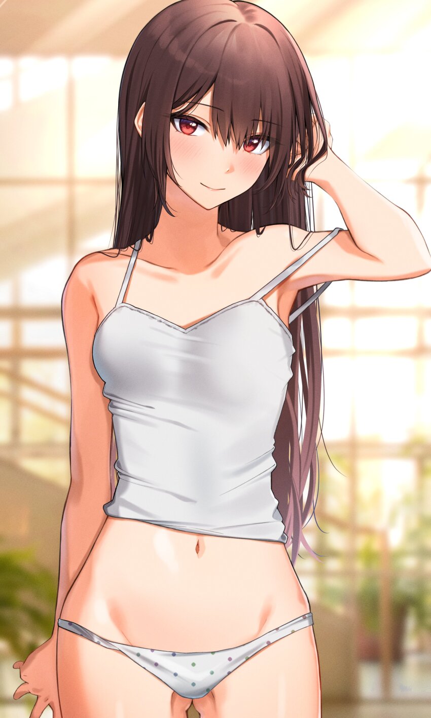 1girl, absurdres, arm_behind_back, armpits, blurry, blurry_background, blush, breasts, brown_hair, camisole, closed_mouth, clothes_lift, collarbone, commentary, cowboy_shot, gluteal_fold, groin, hair_between_eyes, hand_in_own_hair, highres, kuro_imu, long_hair, looking_at_viewer, medium_breasts, navel, original, panties, panty_pull, polka_dot, polka_dot_panties, red_eyes, shirt_lift, smile, solo, standing, stomach, straight_hair, strap_slip, sunlight, underwear, underwear_only, white_camisole, white_panties