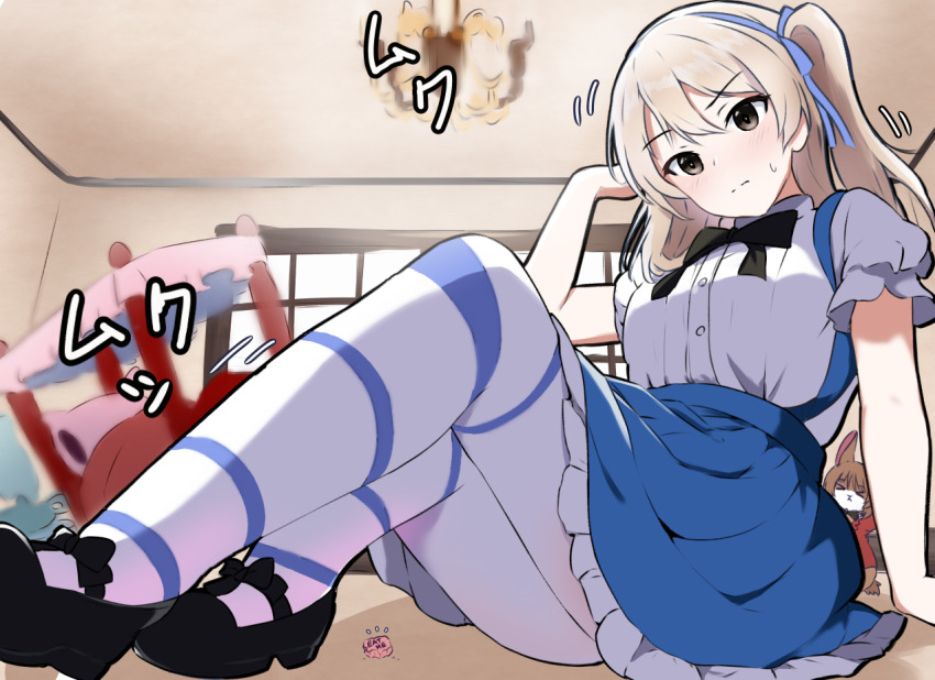 >_<, 1girl, alice_(alice_in_wonderland), alice_(alice_in_wonderland)_(cosplay), alice's_adventures_in_wonderland, amogan, animalization, bed, black_bow, black_bowtie, black_shoes, blue_ribbon, blue_skirt, blush, bow, bowtie, brown_eyes, canopy_bed, commentary, cosplay, dress_shirt, english_text, frilled_skirt, frills, frown, giant, giantess, girls_und_panzer, hair_ribbon, indoors, light_brown_hair, long_hair, looking_at_viewer, mary_janes, miniskirt, motion_lines, nishizumi_miho, notice_lines, one_side_up, pantyhose, pleated_skirt, rabbit, ribbon, shimada_arisu, shirt, shoes, short_sleeves, sitting, skirt, solo, striped_clothes, striped_pantyhose, suspender_skirt, suspenders, sweatdrop, white_pantyhose, white_rabbit_(alice_in_wonderland), white_rabbit_(alice_in_wonderland)_(cosplay), white_shirt