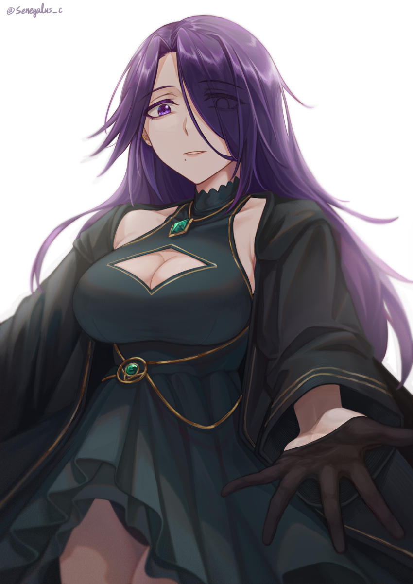 1girl, absurdres, aurora_(kagejitsu), black_dress, black_gloves, breasts, cleavage_cutout, clothing_cutout, commentary_request, dress, eyes_visible_through_hair, gloves, hair_over_one_eye, high-low_dress, highres, jewelry, kage_no_jitsuryokusha_ni_naritakute!, large_breasts, lips, long_hair, long_sleeves, looking_at_viewer, mole, mole_under_mouth, necklace, pink_lips, purple_eyes, purple_hair, reaching, reaching_towards_viewer, senegalus_c, simple_background, solo, twitter_username, white_background
