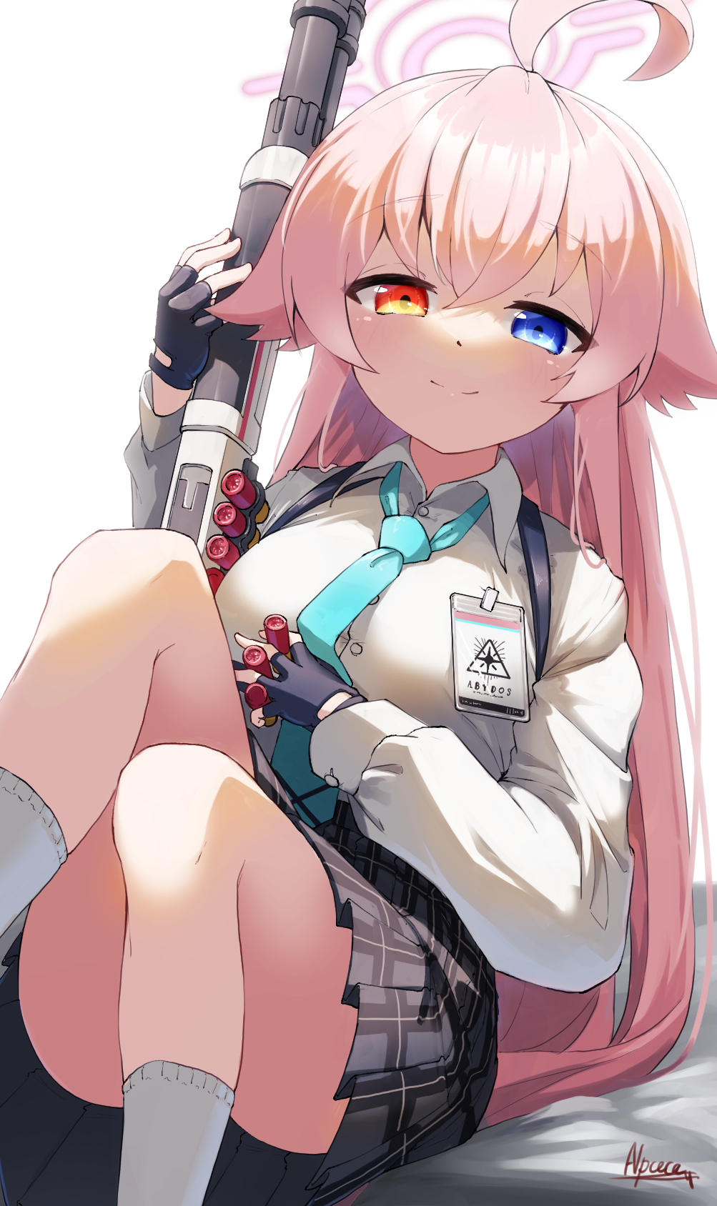 1girl, alpaca_(alpaca00011), alternate_breast_size_(larger), ammunition, beretta_1301, black_gloves, blue_archive, blue_eyes, blue_necktie, breasts, bullet, closed_mouth, collared_shirt, commentary, convenient_censoring, fingerless_gloves, gloves, gun, halo, heterochromia, highres, holding, holding_bullet, holding_gun, holding_weapon, hoshino_(blue_archive), knees_up, large_breasts, long_hair, long_sleeves, looking_at_viewer, name_tag, necktie, pink_hair, plaid_clothes, plaid_skirt, pleated_skirt, shirt, shotgun_shell, sitting, skirt, smile, socks, strap, very_long_hair, weapon, white_background, white_shirt, white_socks, yellow_eyes