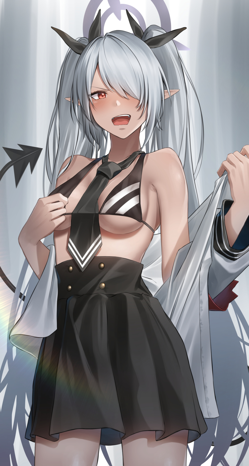 1girl, absurdres, armband, bikini, bikini_top_only, bikini_under_clothes, black_bikini, black_necktie