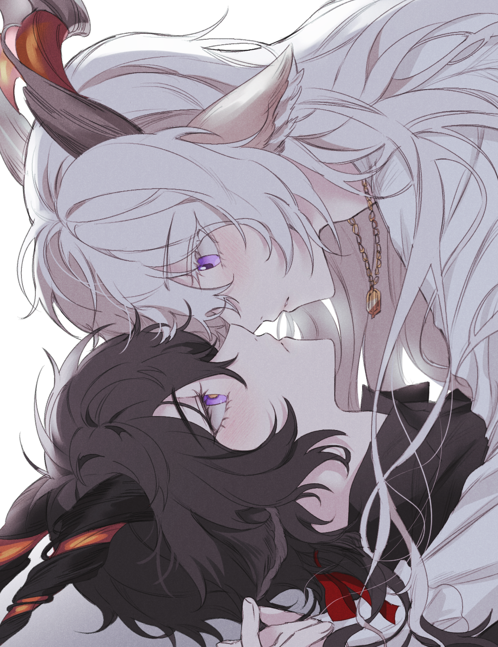 2boys, animal_ears, arknights, black_hair, black_shirt, blush, collared_shirt, ebenholz_(arknights)