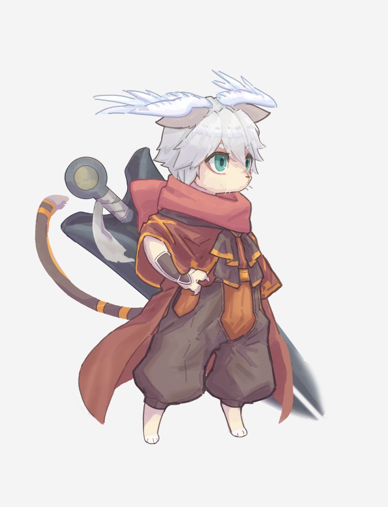1boy, barefoot, blue_eyes, brown_capelet, brown_coat, brown_pants, capelet, cat_boy